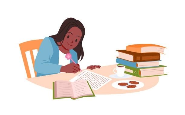 Illustration av författare som bearbetar ett manus vid ett skrivbord